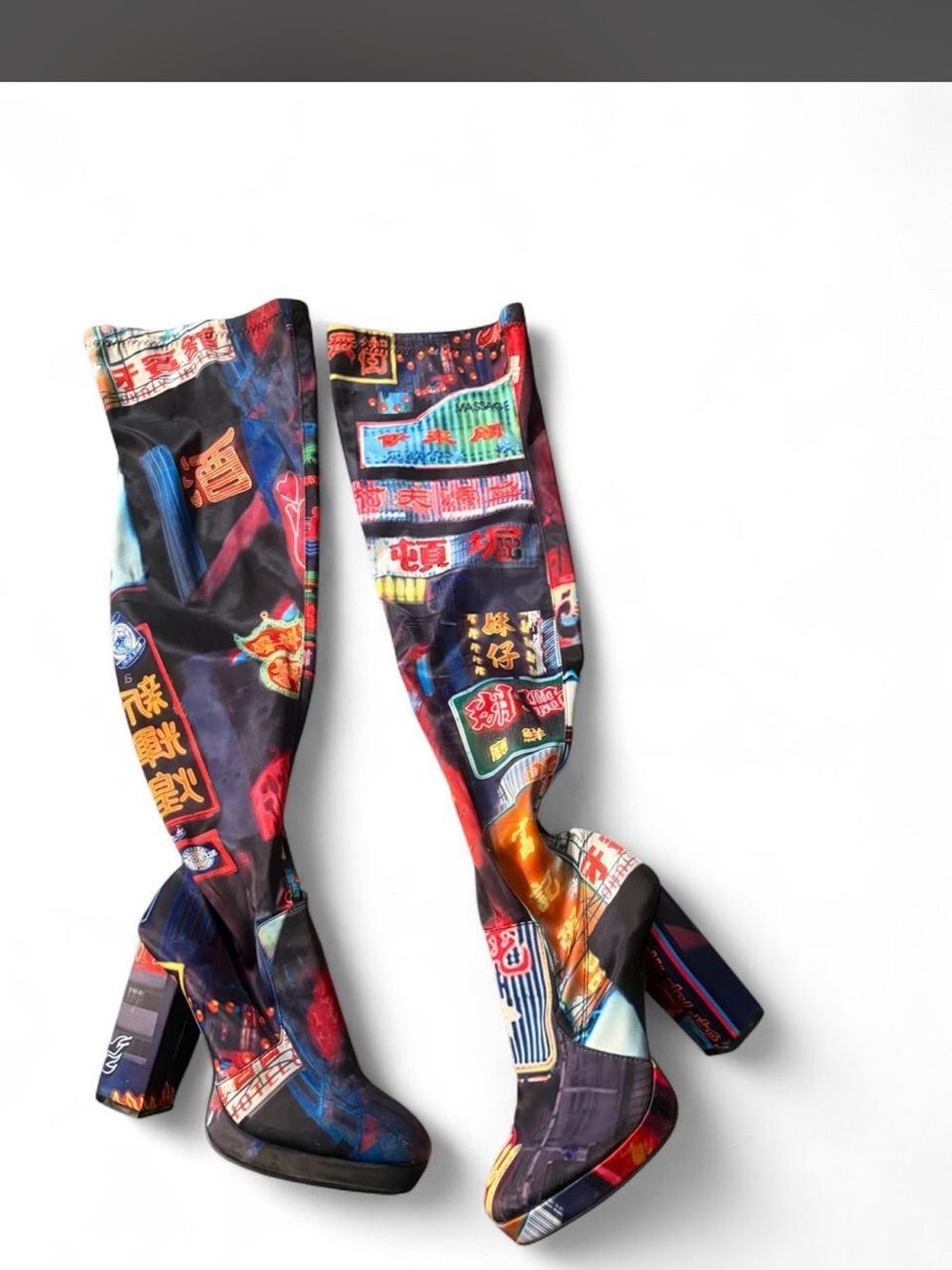 Knee-High Neon Sign Print Platform Boots - Multicolor